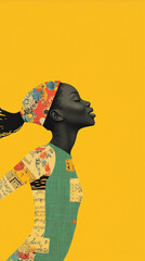 Silhouette of a woman in a patterned headband and a dress filled with musical notes and vibrant motifs, set against a bold yellow background