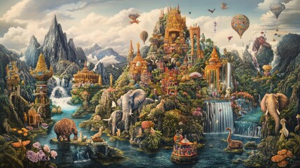 Fototapeta premium A Whimsical Journey Through a Lush, Golden City