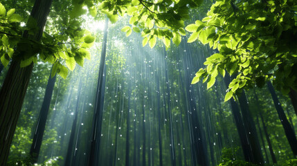 Fototapeta premium serene forest during rainfall, with droplets hitting leaves and sunlight filtering through trees, creating tranquil atmosphere