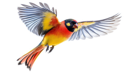 Fototapeta premium A vibrant bird in flight, showcasing its colorful plumage with outstretched wings against a transparent background.
