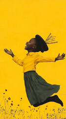 A dynamic silhouette of a child joyfully leaping in a bright yellow outfit, set against a vibrant yellow background with floral and musical motifs.