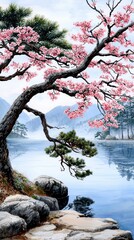 Fototapeta premium Tranquil Japanese Garden at Dawn with Mist Hovering Over Water