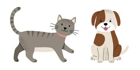 Fototapeta premium Cute domestic animals set. Cat and dog. Flat set of home animals, pets.