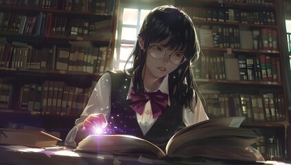 A young Asian woman with glasses sits in a library, surrounded by books, casting a magical glow on an open book. 