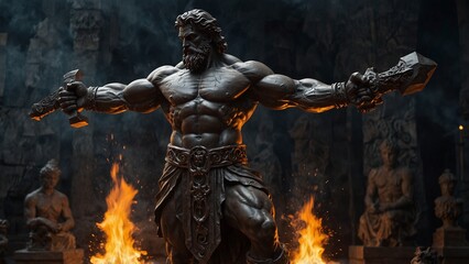 Statue of Hephaestus, the god of fire and forging, holding a hammer and anvil in both hands, with a backdrop of a blazing forge and molten metal, with carvings depicting his divine mission as a crafts
