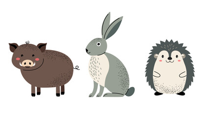 Fototapeta premium Set of cute woodland animals. Boar, hare, hedgehog.