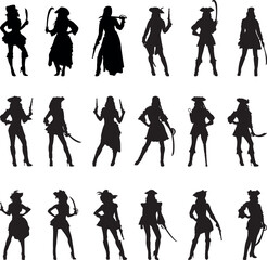 Obraz premium Set of 18-item female pirate silhouette vector illustration