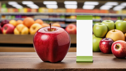 A red large ripe apple and green yellow fruits lie on a brown wooden table. Nearby is a label mockup. Out of focus background - store shelves with fruits and vegetables.