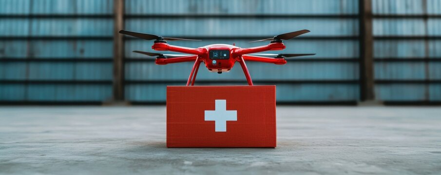 A red drone hovers above a red first aid kit, symbolizing innovative emergency responses in healthcare settings.