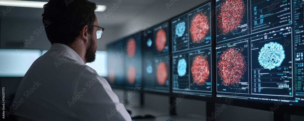 Poster a scientist observes data on multiple screens, showcasing colorful visualizations of complex informa