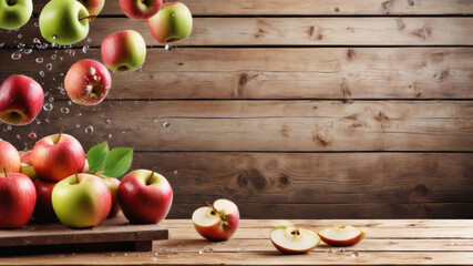 Apples on a wooden shelf and flying. Fruits of three colors: red, green and yellow with leaves. They are all ripe and juicy. The background is a dark wooden wall. Illustration with space for text.