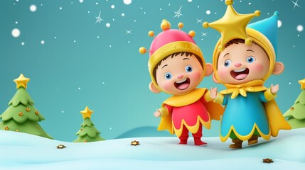 Three wise men on camels journeying through the desert at night following the star of bethlehem