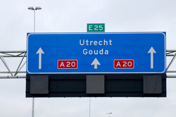 Direction sign along Rotterdam on Motorway A20 heading Gouda