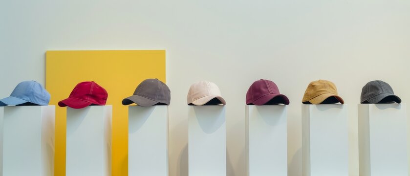Minimalist display of colorful caps on white pedestals set against a bold yellow backdrop, blending art and fashion.