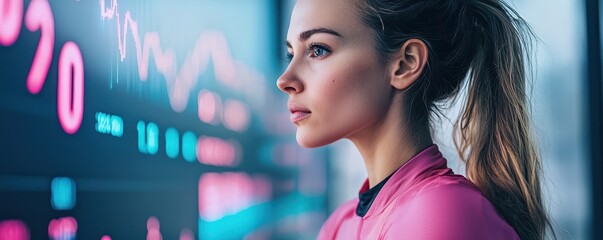 A focused woman examines digital data on a screen, showcasing determination and engagement in a high-tech environment.
