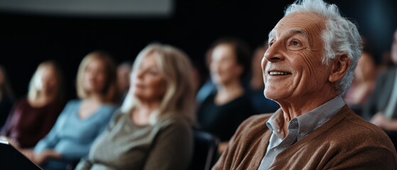 Fototapeta premium An elderly man attentively watches, surrounded by a group in soft focus, conveying a sense of engagement and presence.