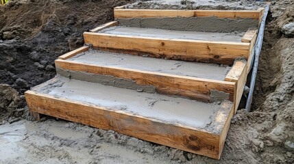 Concrete steps under construction with wooden forms for support.