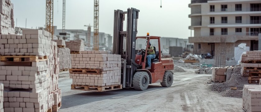 A forklift moves wooden pallets stacked with bricks amidst a bustling construction site, embodying progress and industrial energy.
