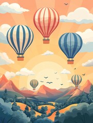 Fototapeta premium Colorful Hot Air Balloons Flying Over Scenic Mountain Landscape at Sunset with Bright Orange Sky and Gentle Clouds in a Whimsical Art Style