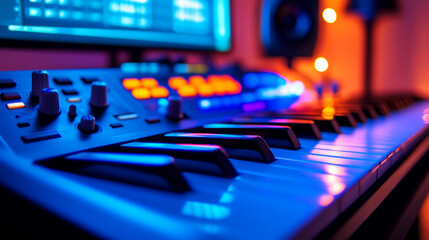 Colorful Electronic Music Studio Setup with Keyboard and Audio Equipment at Night