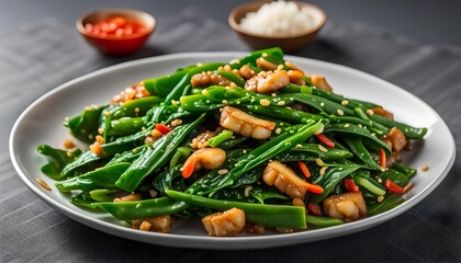 Stir-fried Hong Kong Kai Lan with Garlic served in a dish isolated on mat side view on grey background
