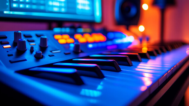 Colorful Electronic Music Studio Setup with Keyboard and Audio Equipment at Night