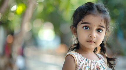 A sweet little Desi girl looking at the camera copy space