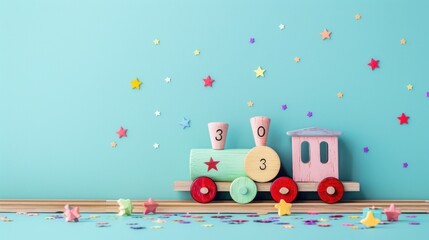 Obraz premium Wooden Toy Train with Stars on a Blue Background