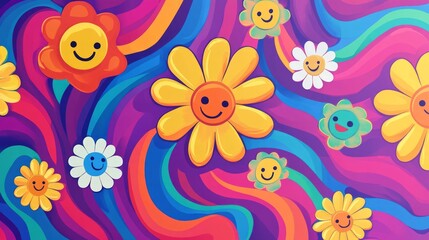 Obraz premium Colorful happy flowers on swirling rainbow background.