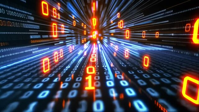 Abstract digital data stream tunnel with glowing binary code.
