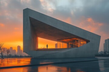 Fototapeta premium anthropomorphic modern structure standing tall against a dramatic skyline, embodying the theme of urban guardianship, blending architecture with storytelling in a captivating silhouette