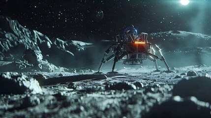 An autonomous spacecraft landing on a distant asteroid preparing for mining operations