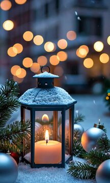Christmas Lantern On Snowy Table With Fir Branches And Ornaments by Romolo Tavani