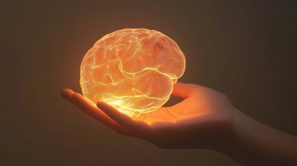Glowing human brain held gently in a person's hand, representing intelligence, knowledge, and ideas.
