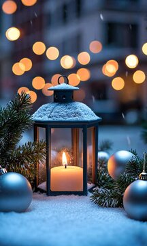 Christmas Lantern On Snowy Table With Fir Branches And Ornaments by Romolo Tavani