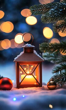 Christmas Lantern On Snowy Table With Fir Branches And Ornaments by Romolo Tavani