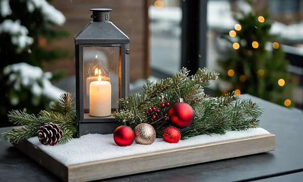 Christmas Lantern On Snowy Table With Fir Branches And Ornaments by Romolo Tavani