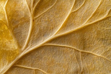 Close-up of a dried yellow leaf showcasing intricate vein patterns.