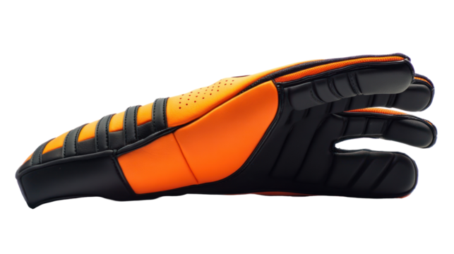 A vibrant orange and black goalkeeper glove designed for sports, showcasing grip and protection features.