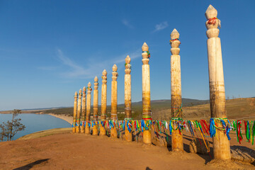 Shamanka rock and Baikal lake. Khuzhir village, Olkhon island, Irkutsk region, Russia