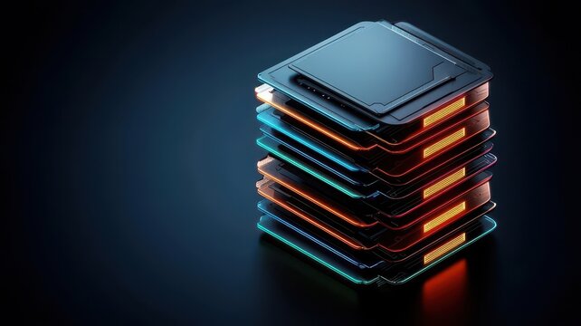A stack of modern computer processors with a sleek design, illuminated by colorful neon lights against a dark background.