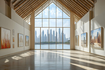 Modern art gallery interior with city view.