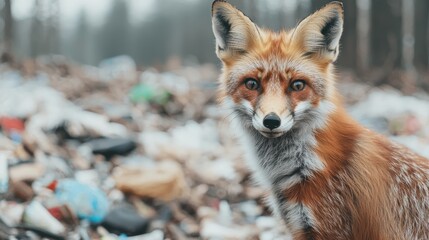 Fototapeta premium Animal pollution microplastics. Fox in a polluted environment with litter in the background.