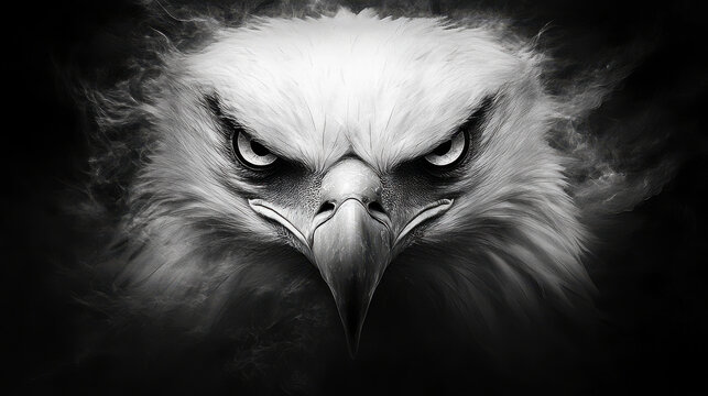 Intense bald eagle with sharp beak and fierce expression
