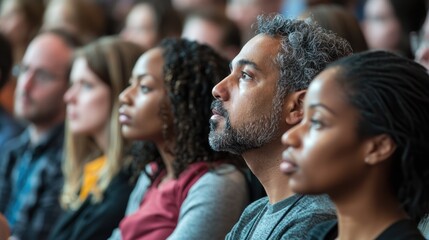 Fototapeta premium A diverse group of people attentively listening to a speaker at a conference