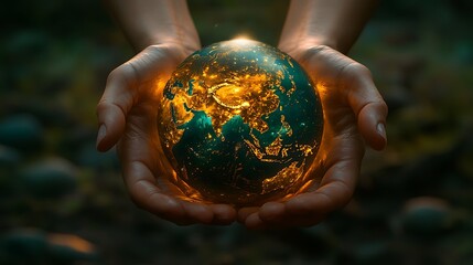 A realistic image of two hands holding a glowing globe of Earth. The Earth is facing Southeast Asia. The background is dark green, showing the desire to protect the Earth. 