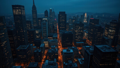 Obraz premium Aerial view of city skyline at dusk with illuminated streets and towering buildings