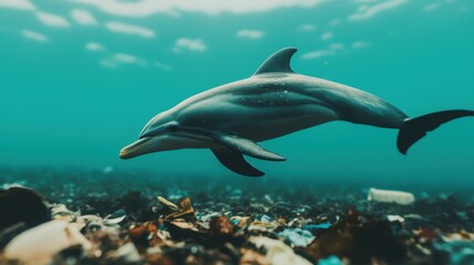 Animal pollution microplastics. Dolphin swimming through underwater debris and plastic pollution.