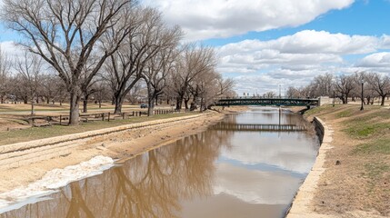 Winter scenic view of a serene river bend in a park vibrant nature landscape peaceful atmosphere outdoor perspective