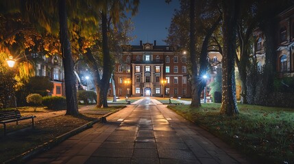 Obraz premium At night view of an old city public courts at a wide angle
